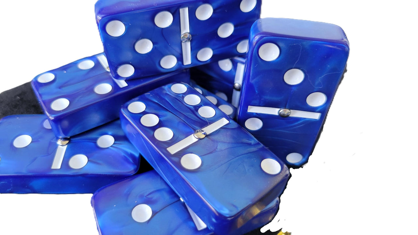 Marion Domino Double 6 Set - Dark Blue Marbleized Acrylic with Spinners in Black Velvet Case