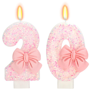ElekFX 20th Birthday Candles for Cake, Pink Bow Number Cake Candles, 2.76 inch Number Happy Birthday Candle, Cake Topper Decorat