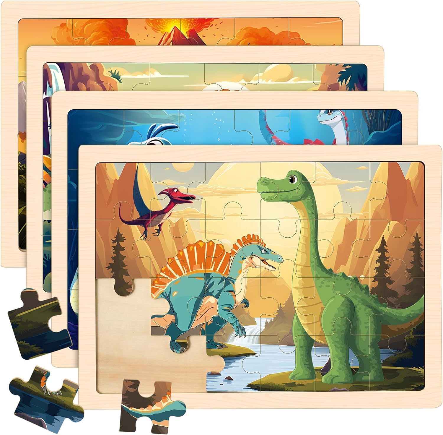 4 Packs Puzzles For Kids Ages 4-6, Wooden Dinosaur Puzzles For Toddlers Ages 2-4, Preschool Educational Dino Puzzles Boards Toys
