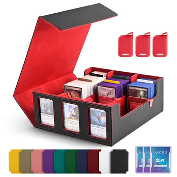 Uaono Card Storage Box For Trading Cards, 1800+ Commander Deck Box For Mtg With Display Window, Toploader Card Case Fits Magic Tcg Ptcg Sports Cards; 10 Removable Divider, 3 Stoppers (Black, Red)