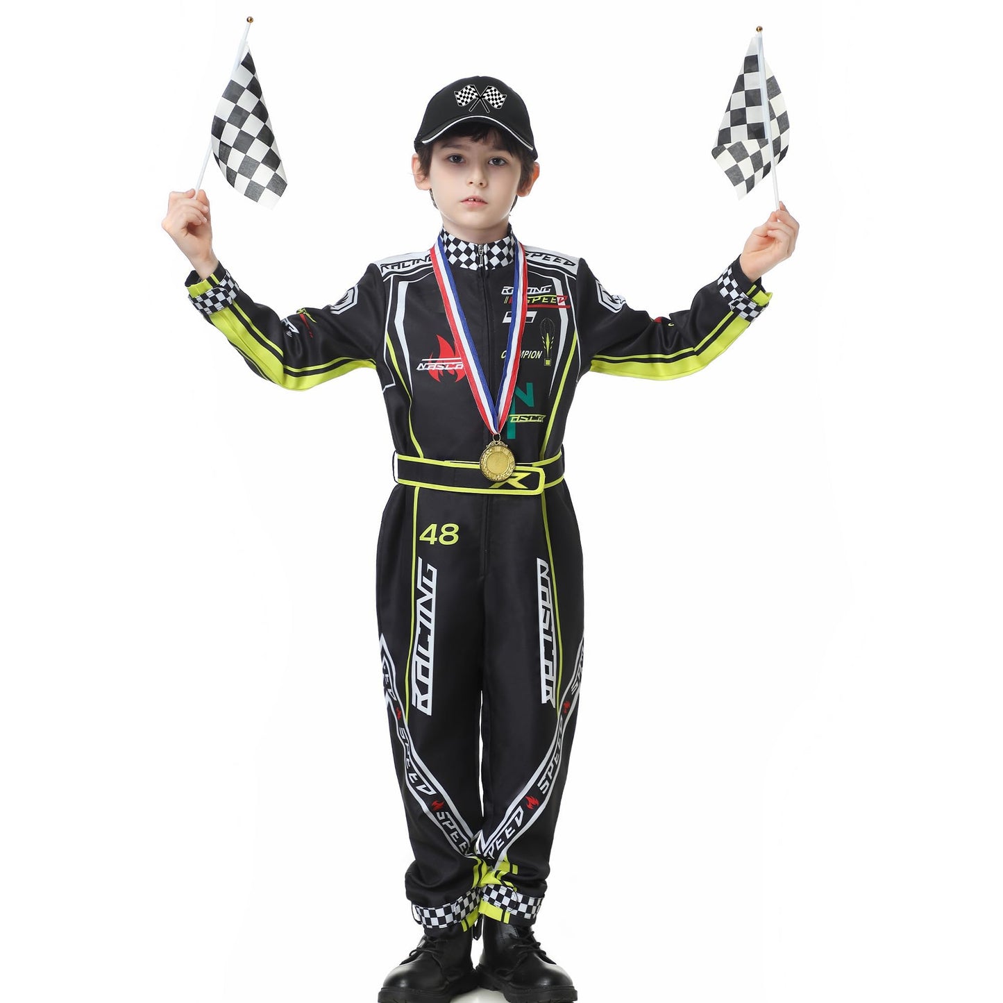 Treyrea Race Car Driver Costume Boys Racer Jumpsuit With Car Cap Kids Dress Up For Halloween (Black, M(For Height 50''-53''))