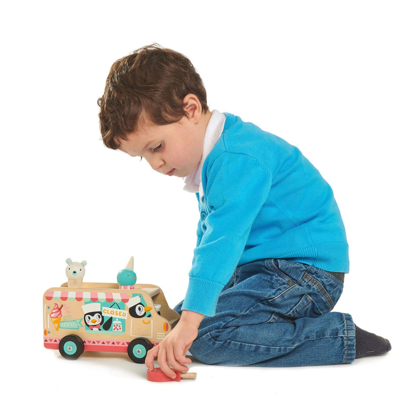 Tender Leaf Toys - Penguins Gelato Van - Food Truck Style Pretend Play, Ice Cream and Ice Lolly Wooden Vehicle - Encourage Role