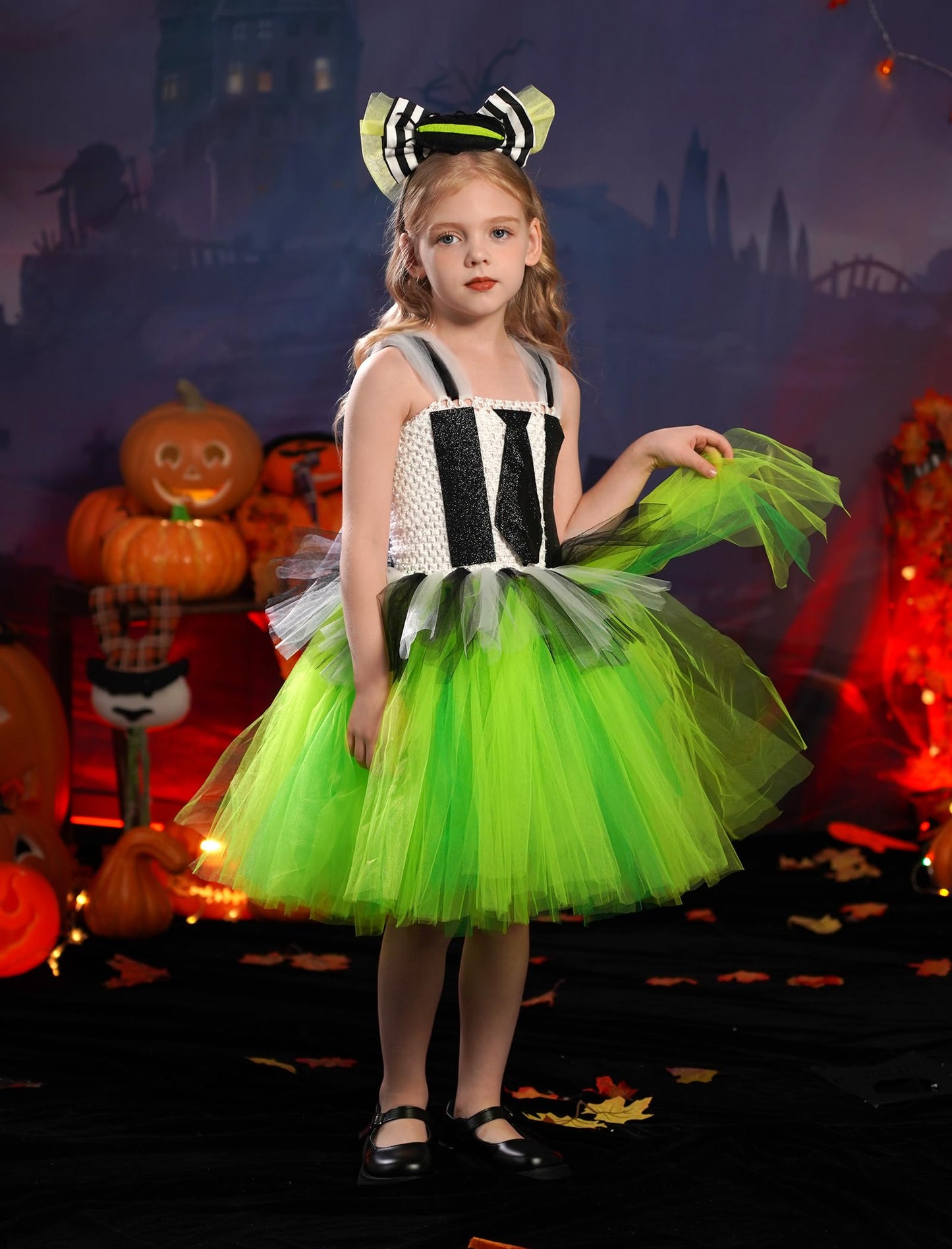 Obeeii Kids Girls Halloween Costume Black White Stripe Tulle Tutu Dress With Headband Set Carnival Fancy Dress Black-Green 4-5 T