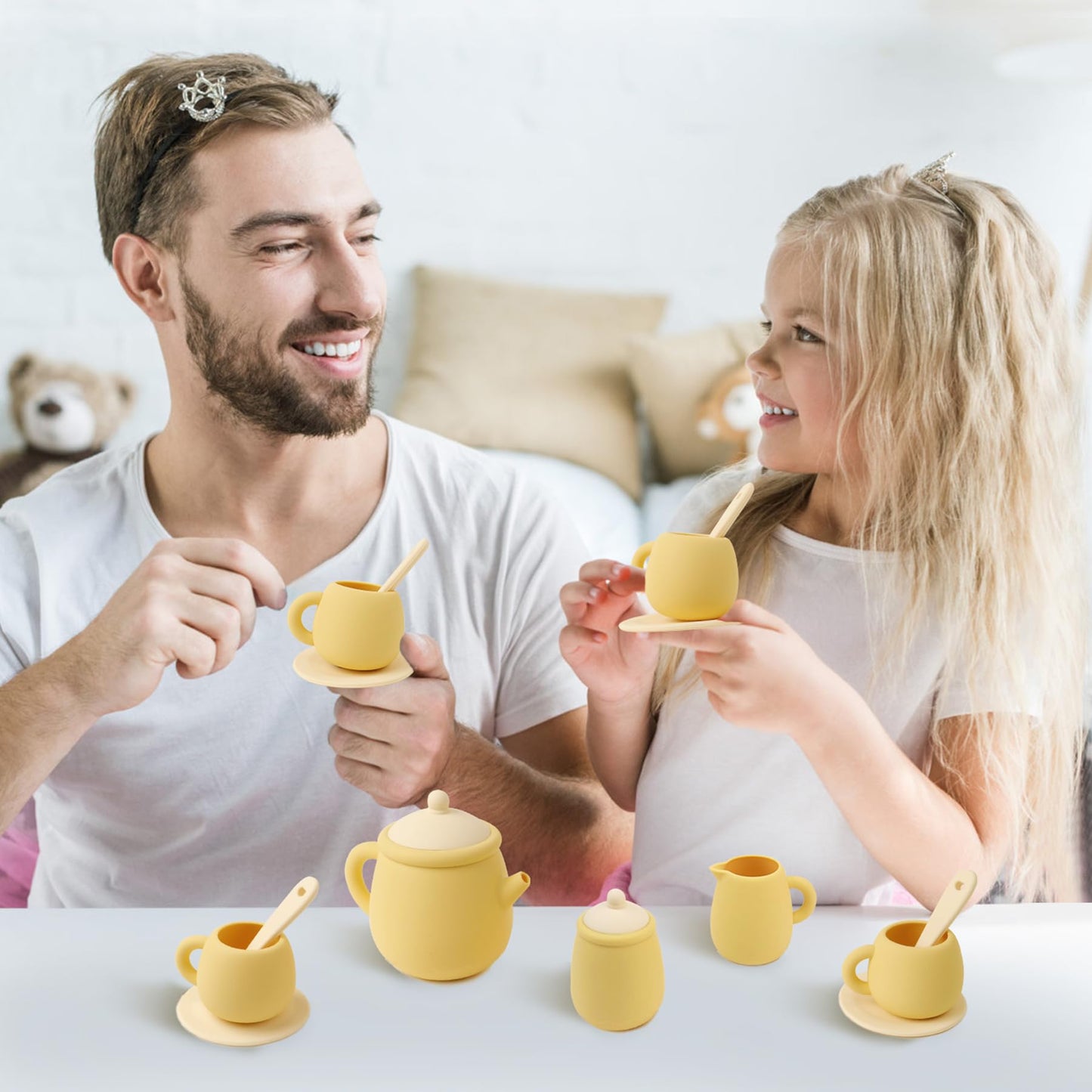 MCGMITT Toy Tea Set, Silicone Tea Party Set for Little Girls Boys, 15 Pcs BPA Free Dishwasher Safe Pretend Tea Set for Toddlers
