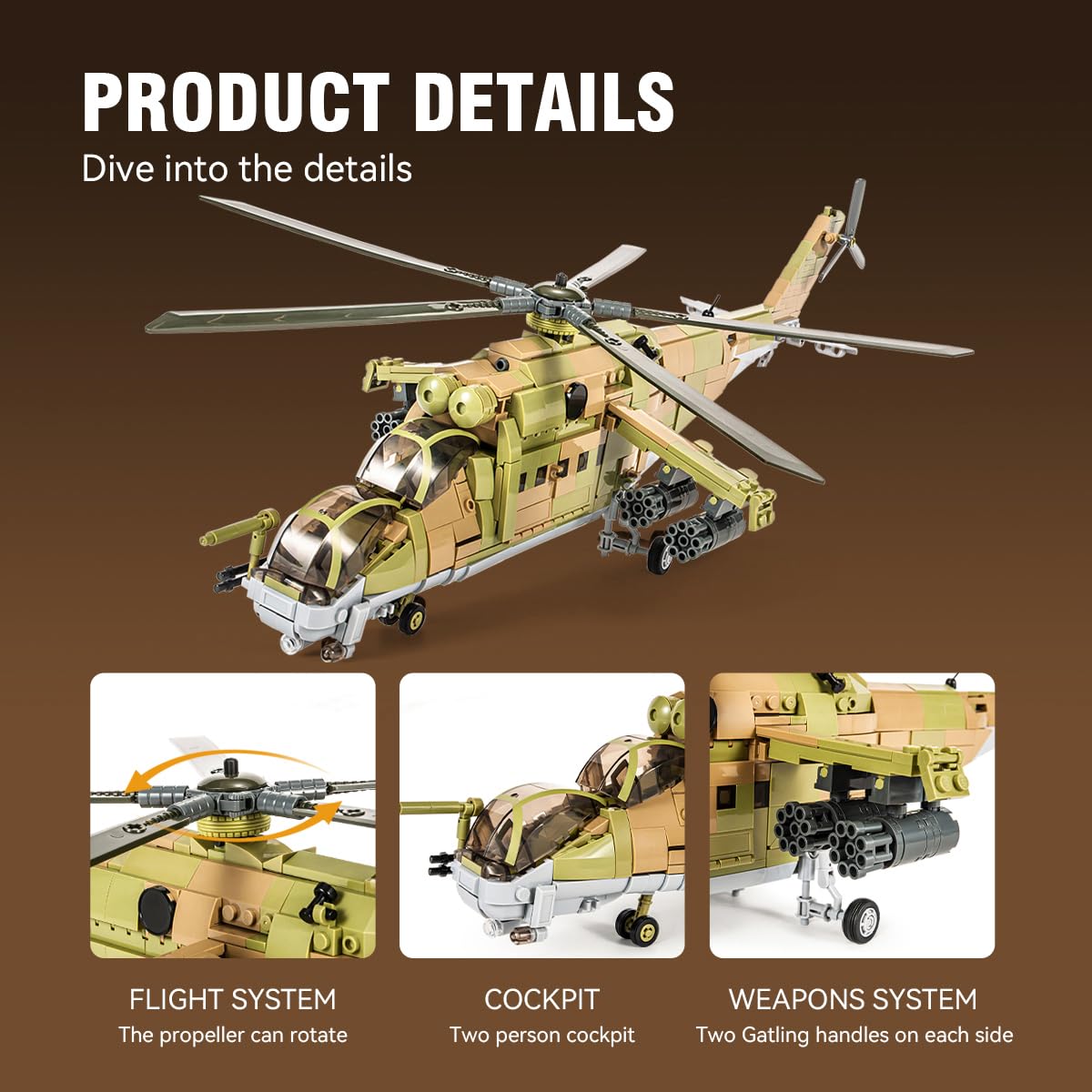 DAHONPA MI-24S Medium Military Helicopter Building Set, 850+ Plastic Bricks, Black Air-Force Toy for Kids and Adults