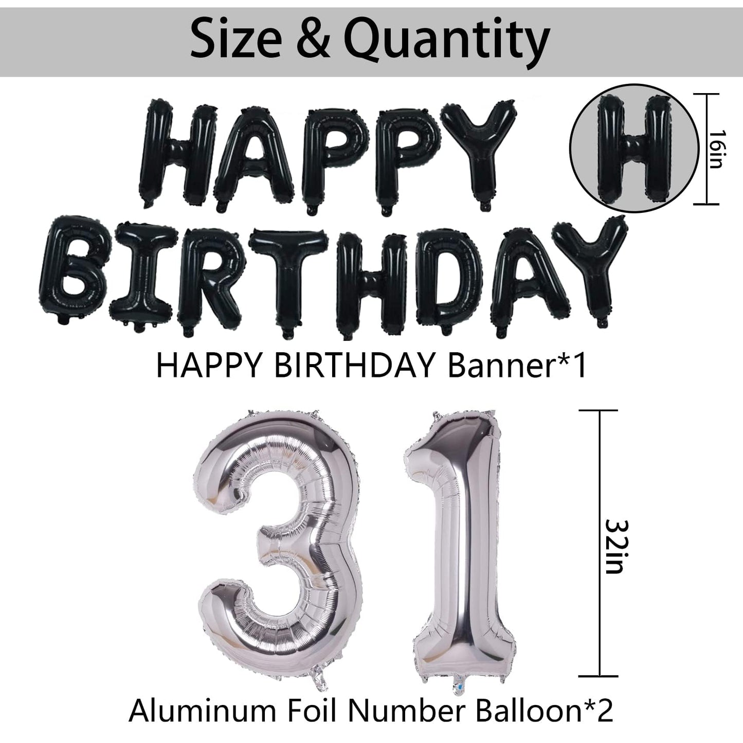 Naninuneno 31St Black Silver Birthday Party Decorations For Men Women, Happy 31 Birthday Party Supplies With Black Happy Birthda