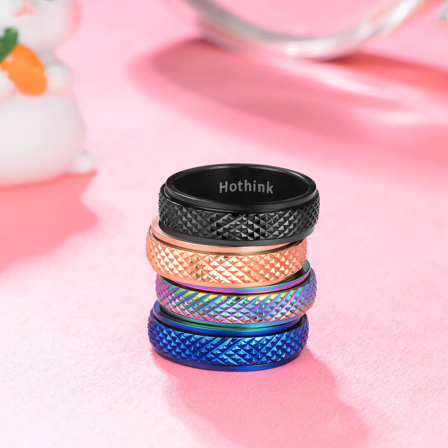 Hothink Anxiety Rings Fidget Rings For Women Spinner Rings For Anxiety 4Pcs 6Mm Rainbow Titanium Steel Rings Size 5-11 (Snakeski