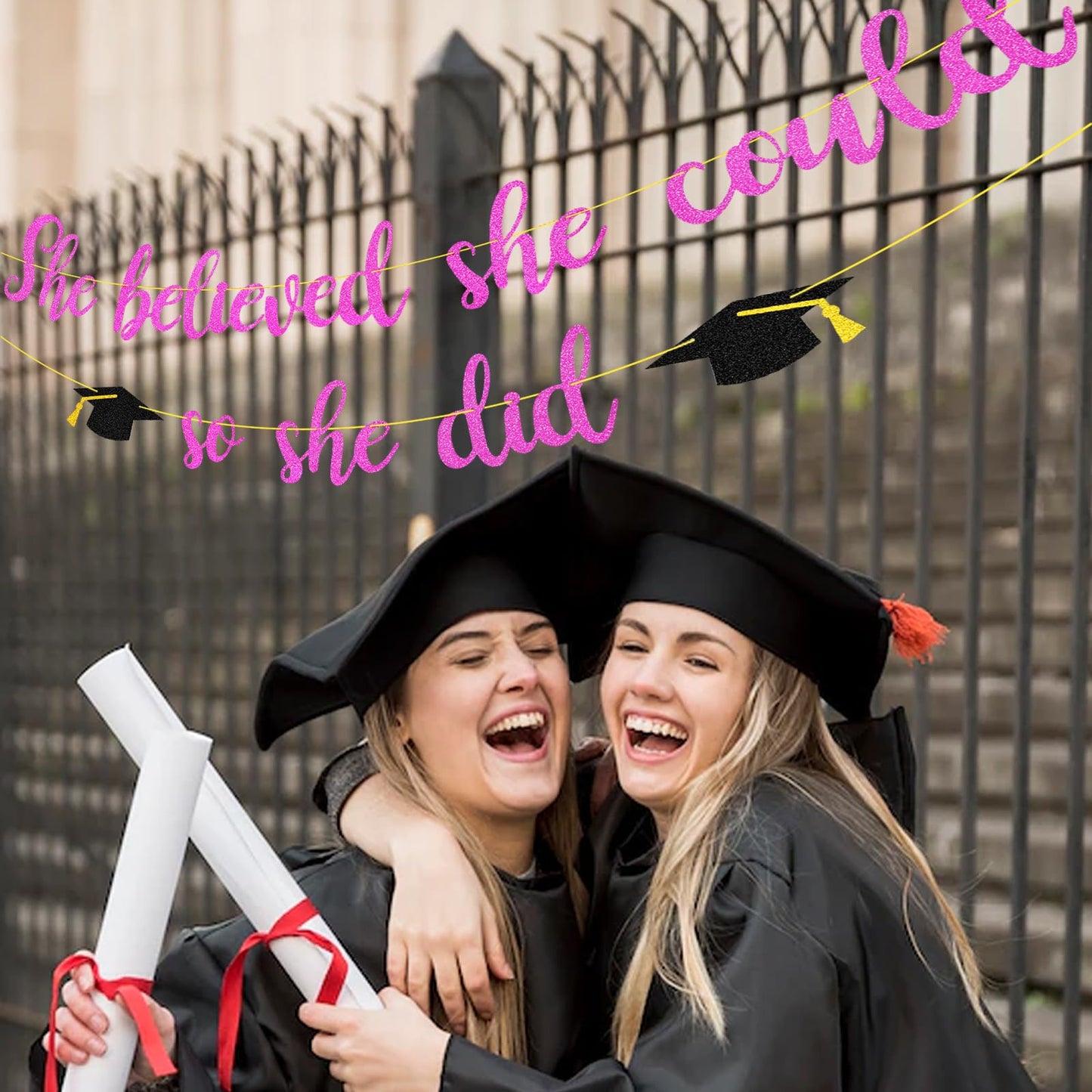 She Believed She Could So She Did Banner Decorations - Glitter She Did It 2024 Garland Graduation Bunting Banner, Congrats Grad