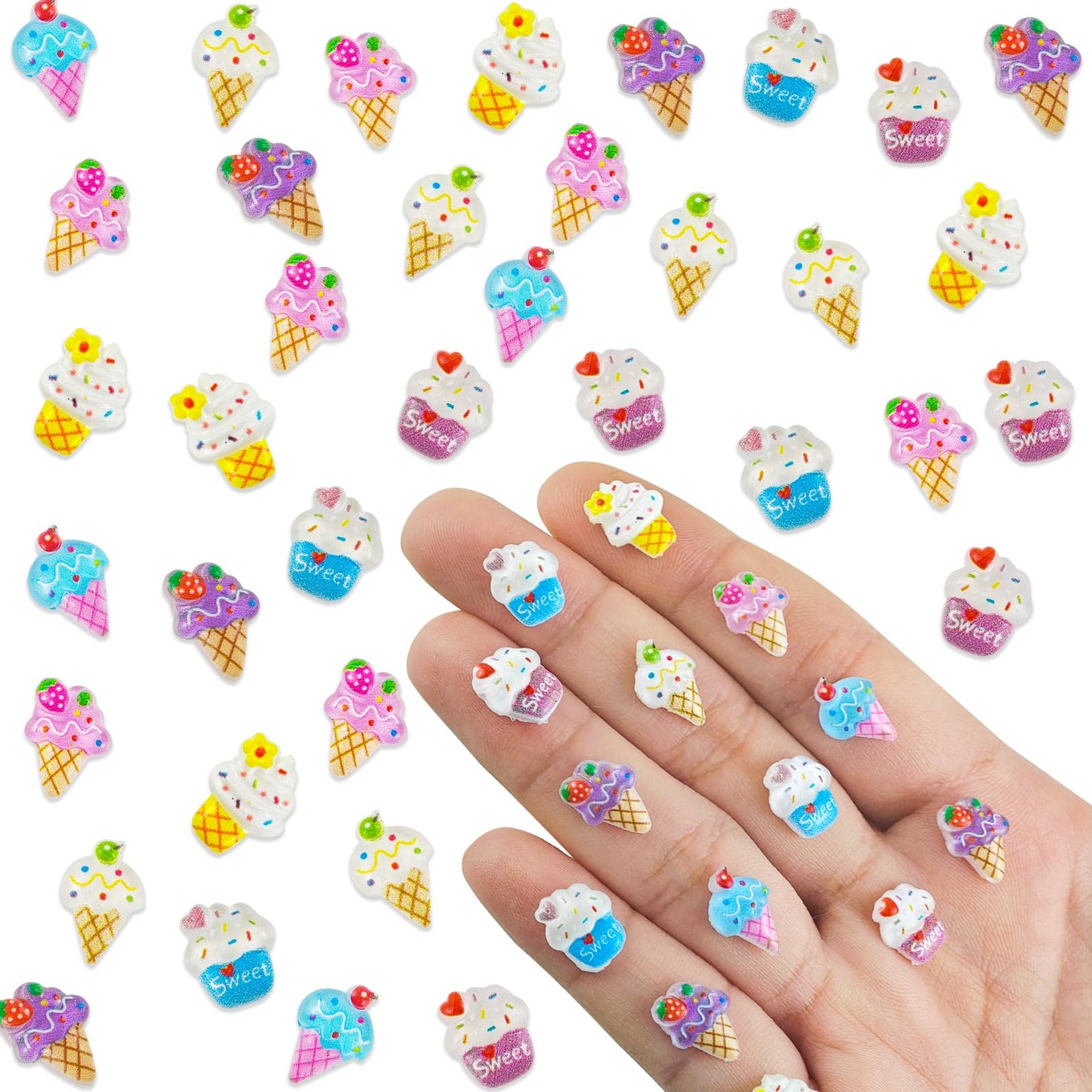 WOZADU 100 PCS Mini Resin Ice Cream Figures for Crafts Tiny Resin Food Miniature Things for Dollhouse Fairy Garden Micro Landscaping Decoration Cake Toppers Decor