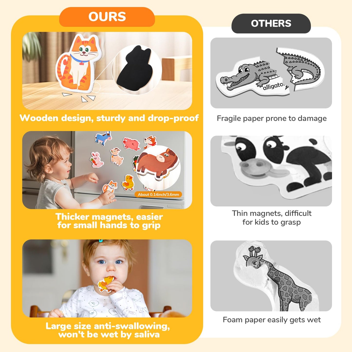 Joycat Wooden Fridge Magnets For Kids - 10 Cute Farm Animals Refrigerator Magnets For Toddlers, Large Kids Magnetic Toys, Fun Ed