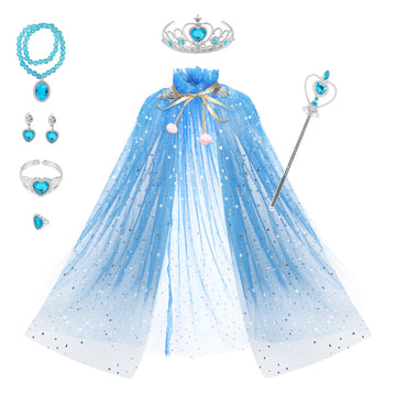 Fedio Princess Cape Set 7 Pieces Girls Princess Cloak With Tiara Crown, Wand For Little Girls Dress Up (Blue)
