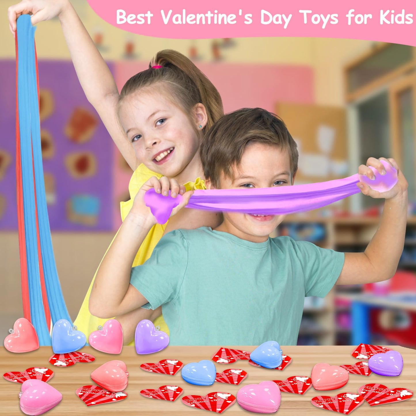 28 Pack Valentines Butter Slime Filled Heart With 28 Valentine'S Cards Valentines Day Gifts For Kids Girls Boys Non-Sticky Putty
