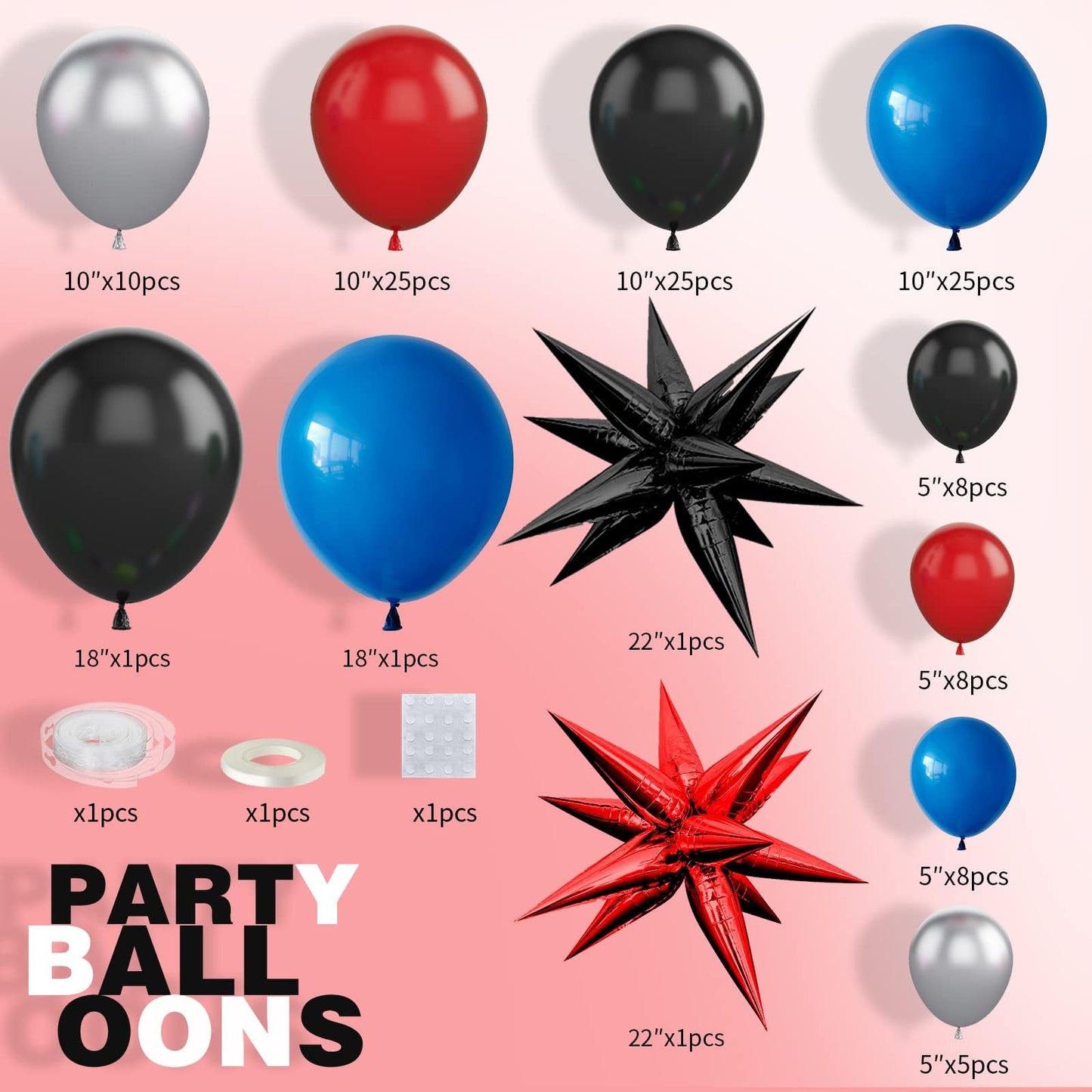 FunHot Spider Balloon Arch Kit - Red Blue Black Balloons for Boys Birthday & Baby Shower Party Decorations, Model B188-29E