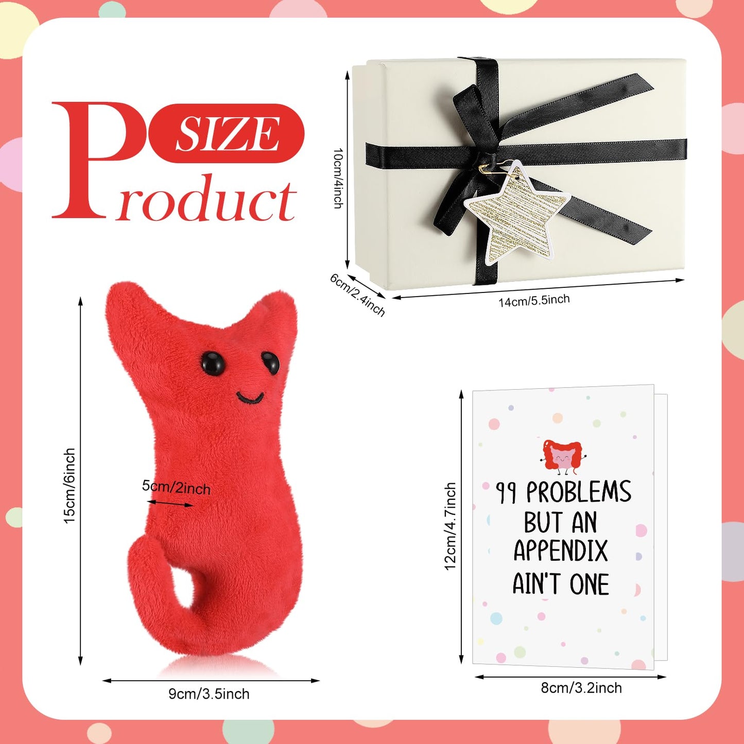 RoundFunny Appendix Surgery Plush Gift Set - 4 Pcs Get Well Cards with Envelope, 5.51"x3.94"x2.36", Fabric & Paper, Beige Box, Model QIR