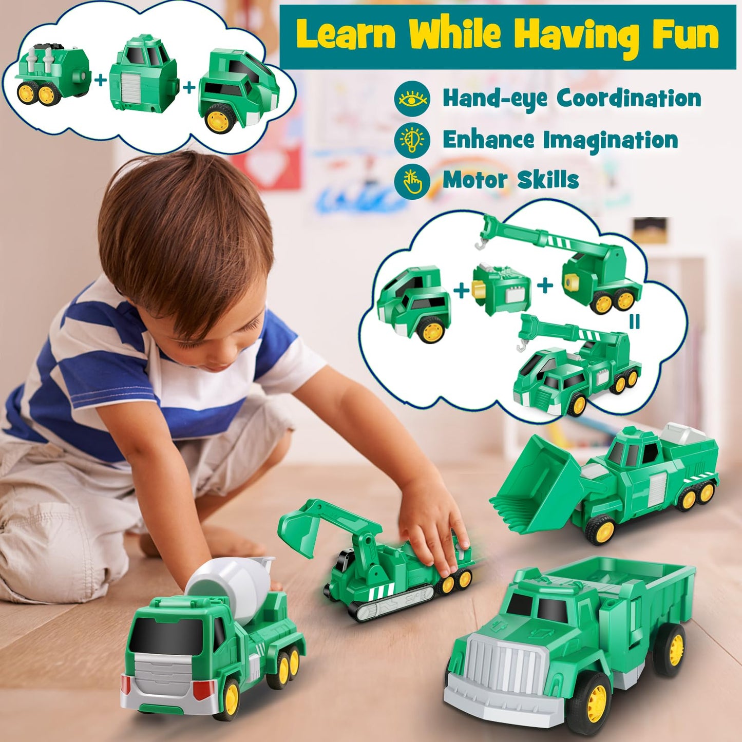 Laradola Toys For 3 4 5 6 7 8 Year Old - Transform Robot Kids Toys Cars | Stem Building Toddler For Ages 4-8 | 5 In 1 Constructi