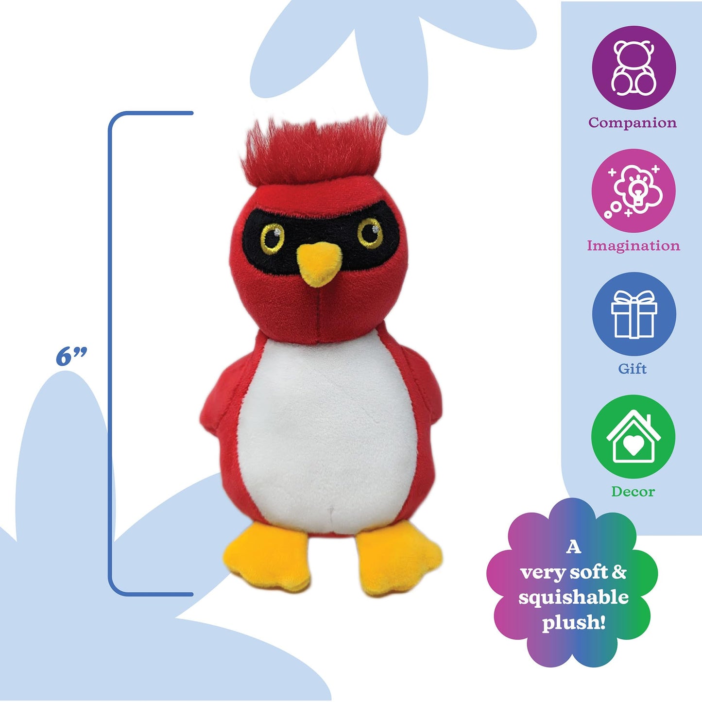PLUSHOLOGY Squishy Cardinal Plush Toy - Ultra Soft, Child-Safe, 6" Tall, Multicolored, Embroidered Eyes, Model 155906