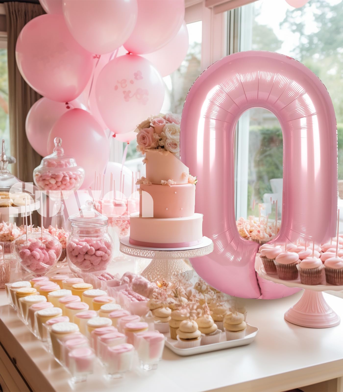 Suwen 40 Inch Pink Large 0 Balloon Numbers Big Foil Helium Number Balloons 0-9 Jumbo Happy 0Th Mylar Birthday Party Decorations