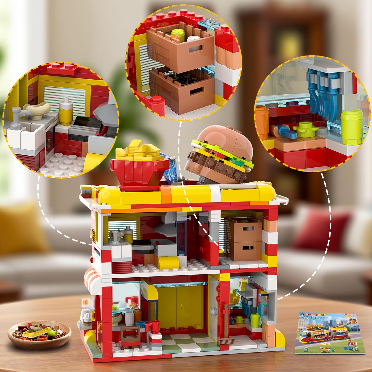 HOGOKIDS City Burger Truck Building Toy - 2 in 1 Burger Van & Restaurant Set, 826PCS, Plastic, Red/Yellow/White, Model HG1067