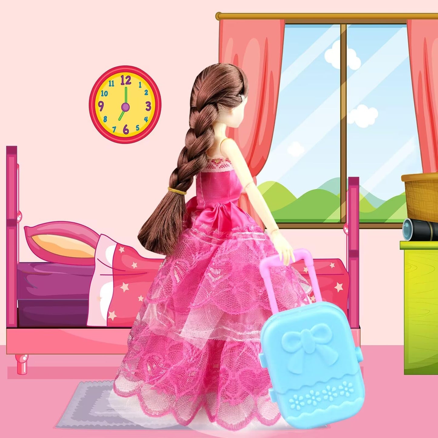 66Pcs Doll Clothes And Accessories With Doll Closet For 11.5 Inch Doll Dress Up Set With 1 Doll Fashion Dresses Outfits Tops And Pants Shoe Rack Bags Gift Toy For Girls 4 5 6 7 8 9 10 Years