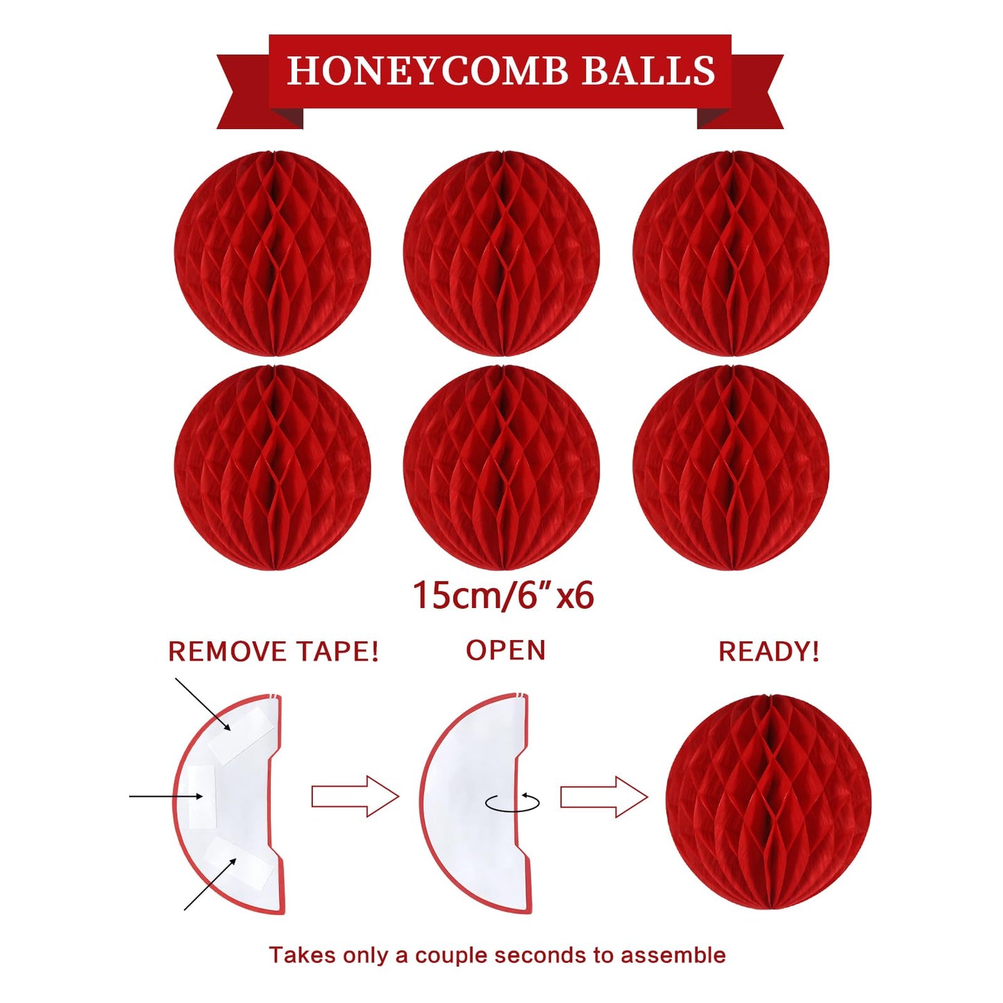 LITAUS, Birthday Decorations, NO DIY - Pack of 16 | Red Happy Birthday Banner, Honeycomb Balls, Swirls, Garland | Happy Birthday