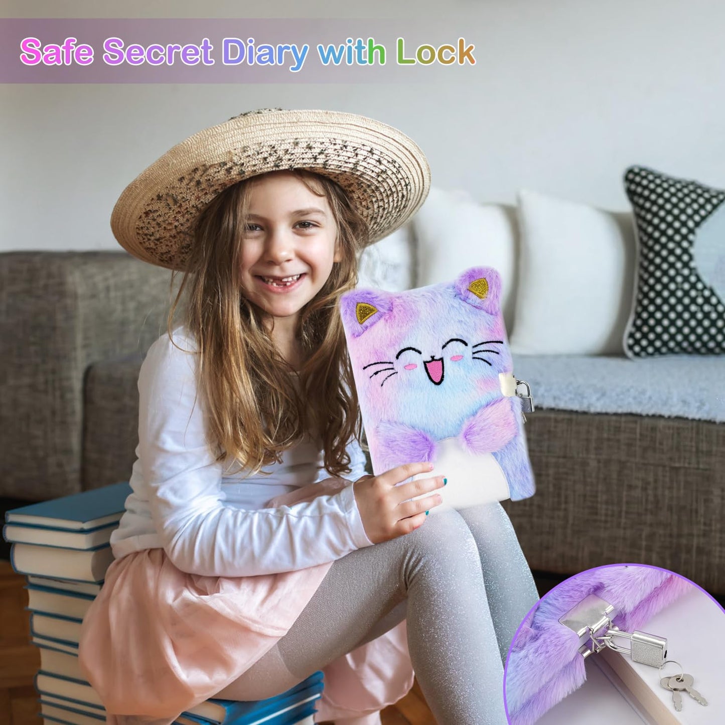 Pjdrllc Cat Diary With Lock, Gift For 6 7 8 Year Old Girl, Secret Diary Journal Notebook With Coin Purse, Multicolored Pen, Post-It Note, Stickers, Practical Gift For Birthday (A Happy Cat)
