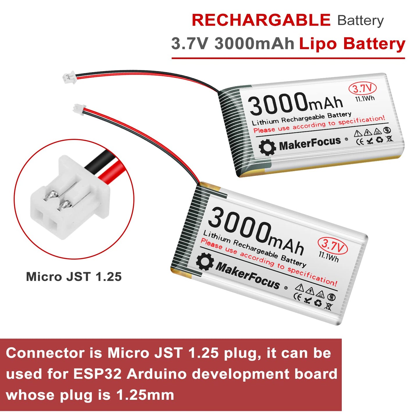MakerFocus 2pcs 3.7V 3000mAh Lithium Rechargeable Battery 1S 1C LiPo Battery with Protection Board Insulated Rubber Tape and Mic