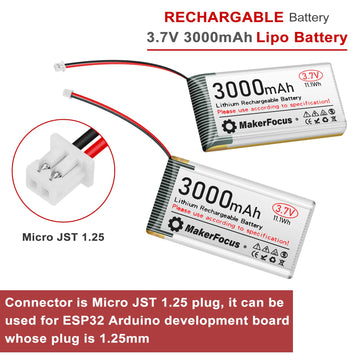 MakerFocus 2pcs 3.7V 3000mAh Lithium Rechargeable Battery 1S 1C LiPo Battery with Protection Board Insulated Rubber Tape and Mic