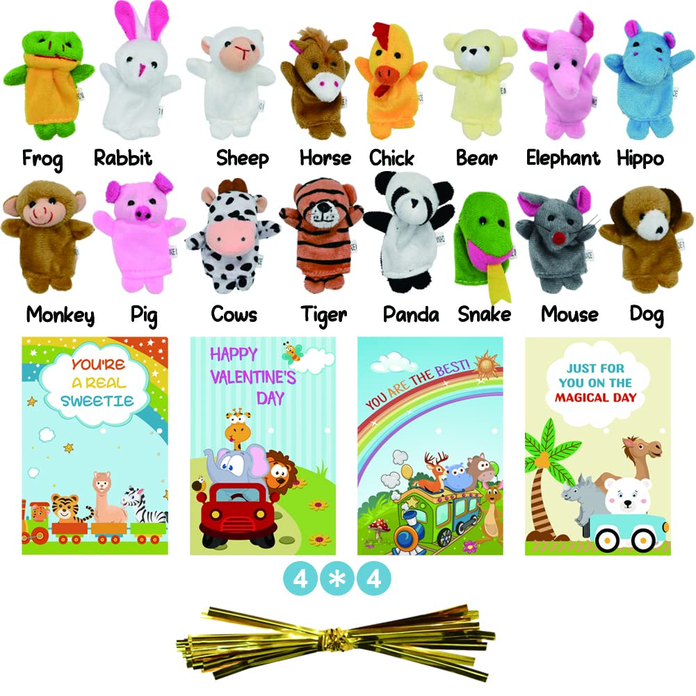 Valentines Day Card With Plush Animal Finger Puppet Toys Sets, 16Pcs Cartoon Hand Puppets For Kids Valentine'S Day Preschool Classroom Exchange Prizes, Valentine Theme Party Favor