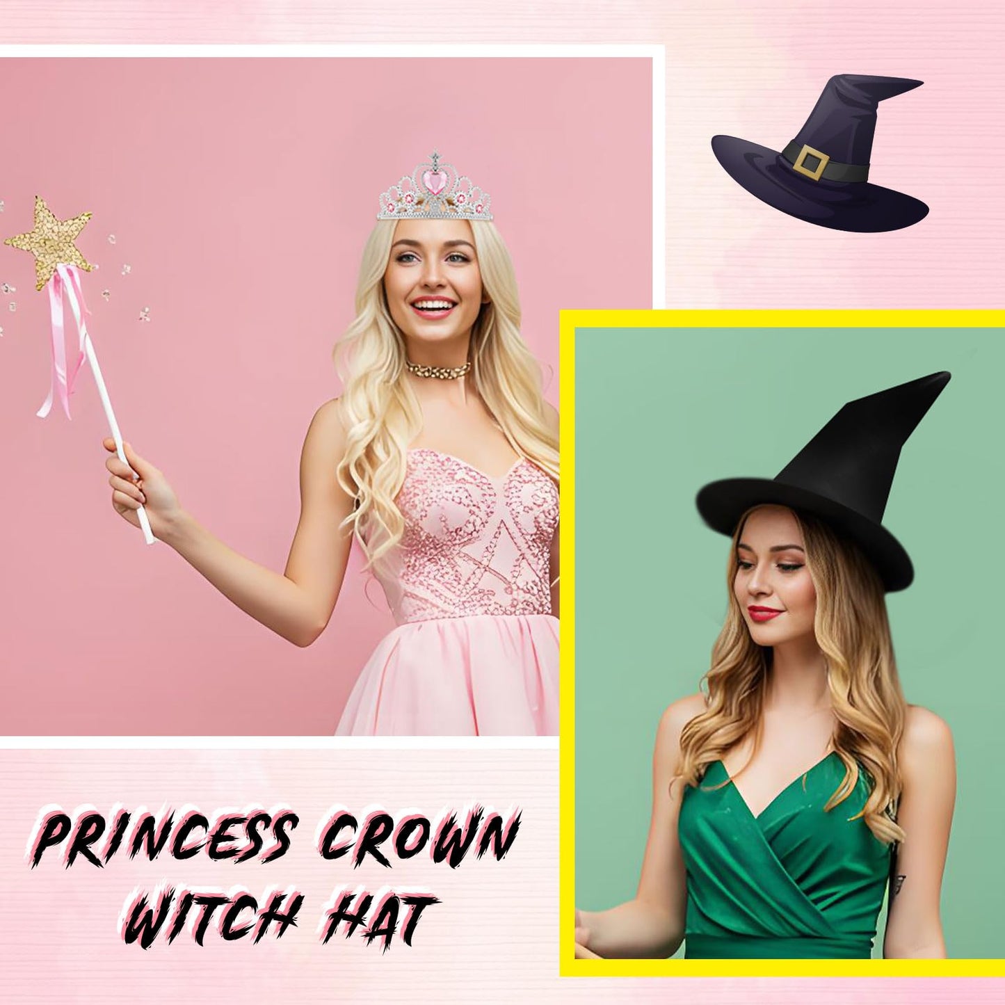 Tarpop 12 Pcs Witch Hat and Princess Crown Set, Royal Queen Crown and Black Wizard Hats for Pink Green Party Decor favor Gift(Cu