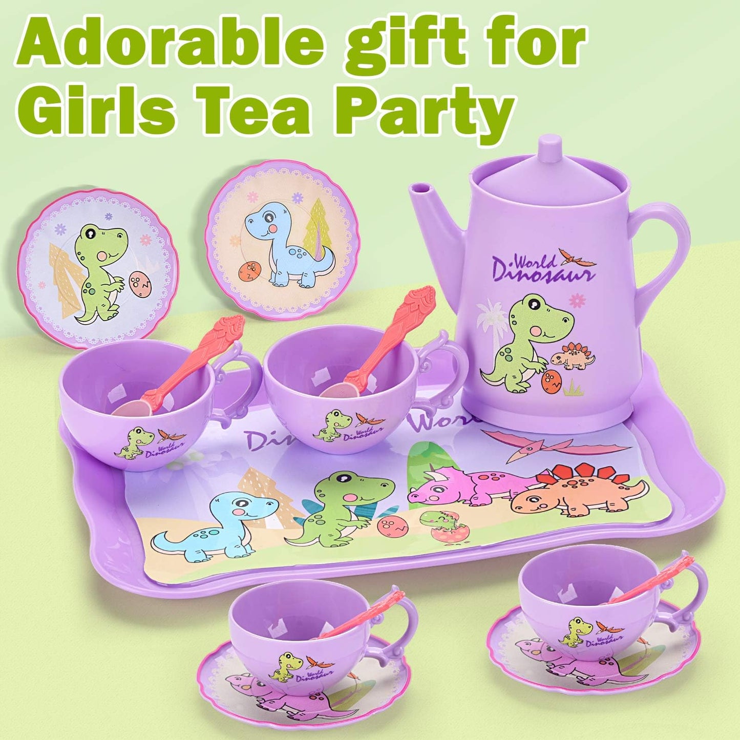 Lajeje 41Pcs Dinosaurs Tea Party Set for Little Girls, Pretend Plastic Teapot Set, Princess Tea Time Play Kitchen Toy with Desse
