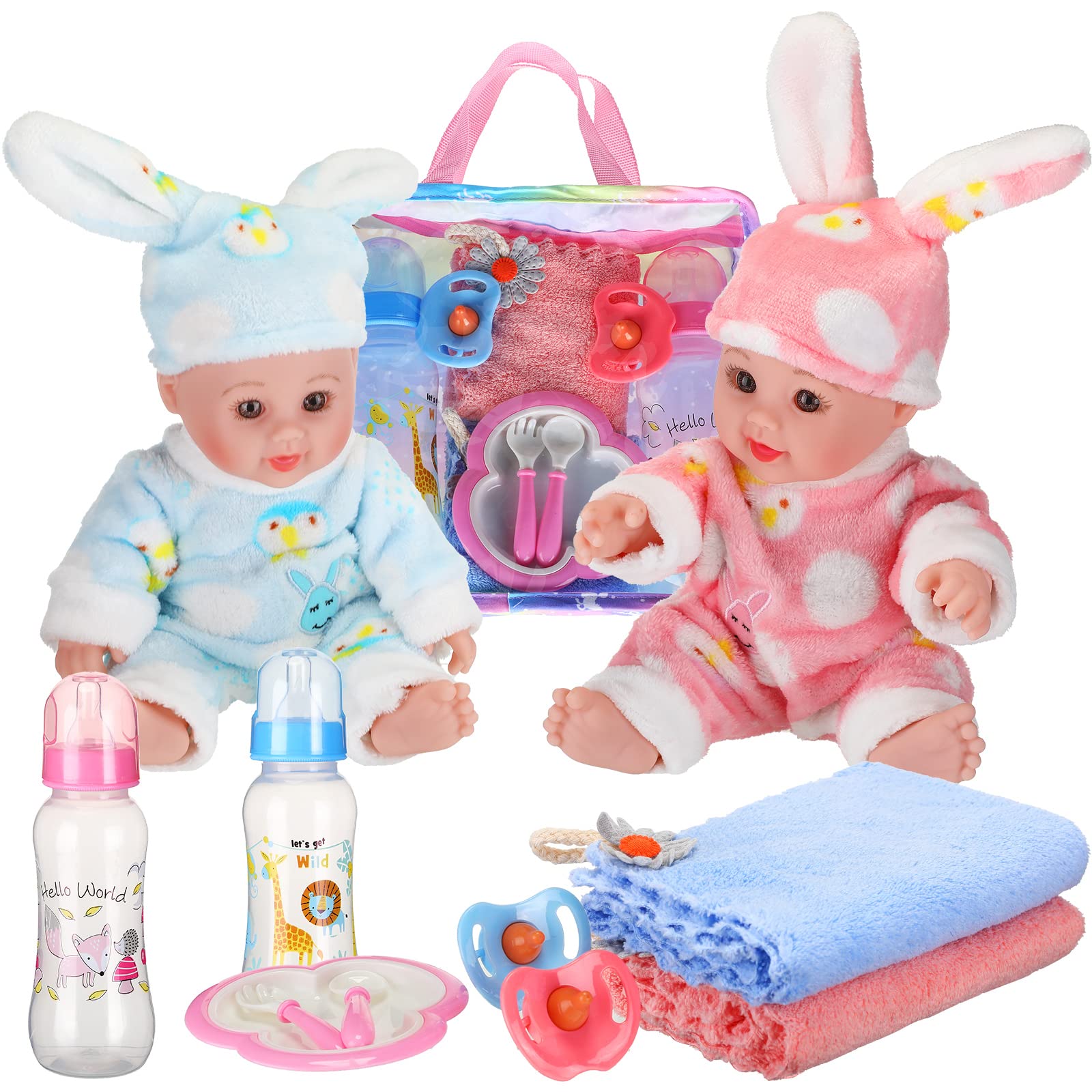 10 Pcs Realistic Twin Baby Dolls Christmas Toy Set Include 2 Pcs 12 Inch Baby Dolls, Feeding Set, Pacifiers, Doll Diapers, Bags, Milk Bottles Removable Outfit For Toddler Kids 6+ Gift(White)