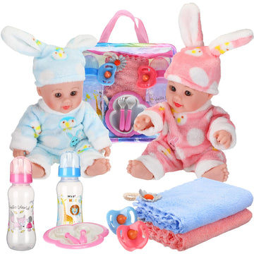 10 Pcs Realistic Twin Baby Dolls Christmas Toy Set Include 2 Pcs 12 Inch Baby Dolls, Feeding Set, Pacifiers, Doll Diapers, Bags, Milk Bottles Removable Outfit For Toddler Kids 6+ Gift(White)