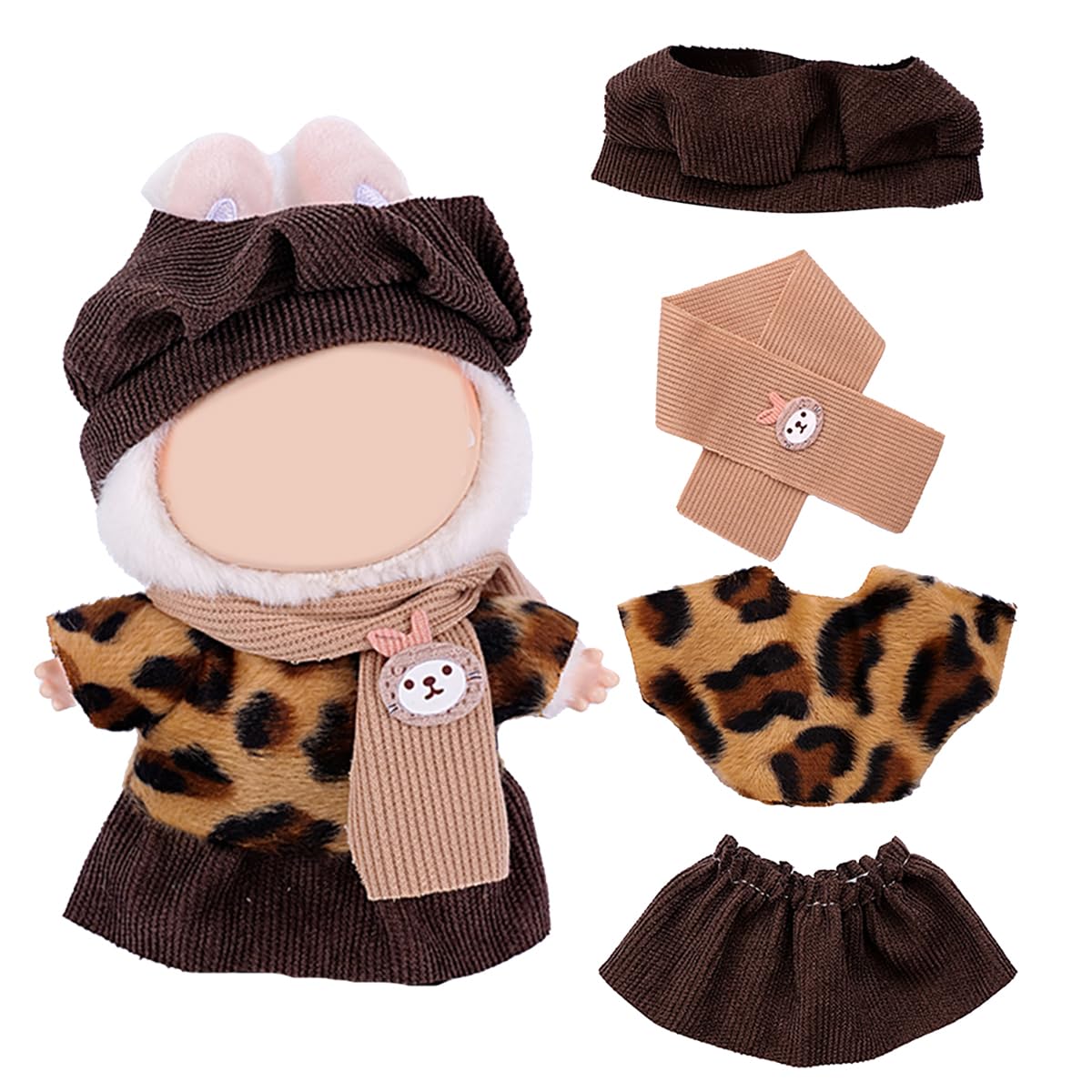 17cm Doll Clothes Set  enhanced Jeans & Knitted Sweater Outfit for 17cm 15cm Dolls  Cute Dress Up Fashion  No Doll Included (Leopard  17cm/15cm)