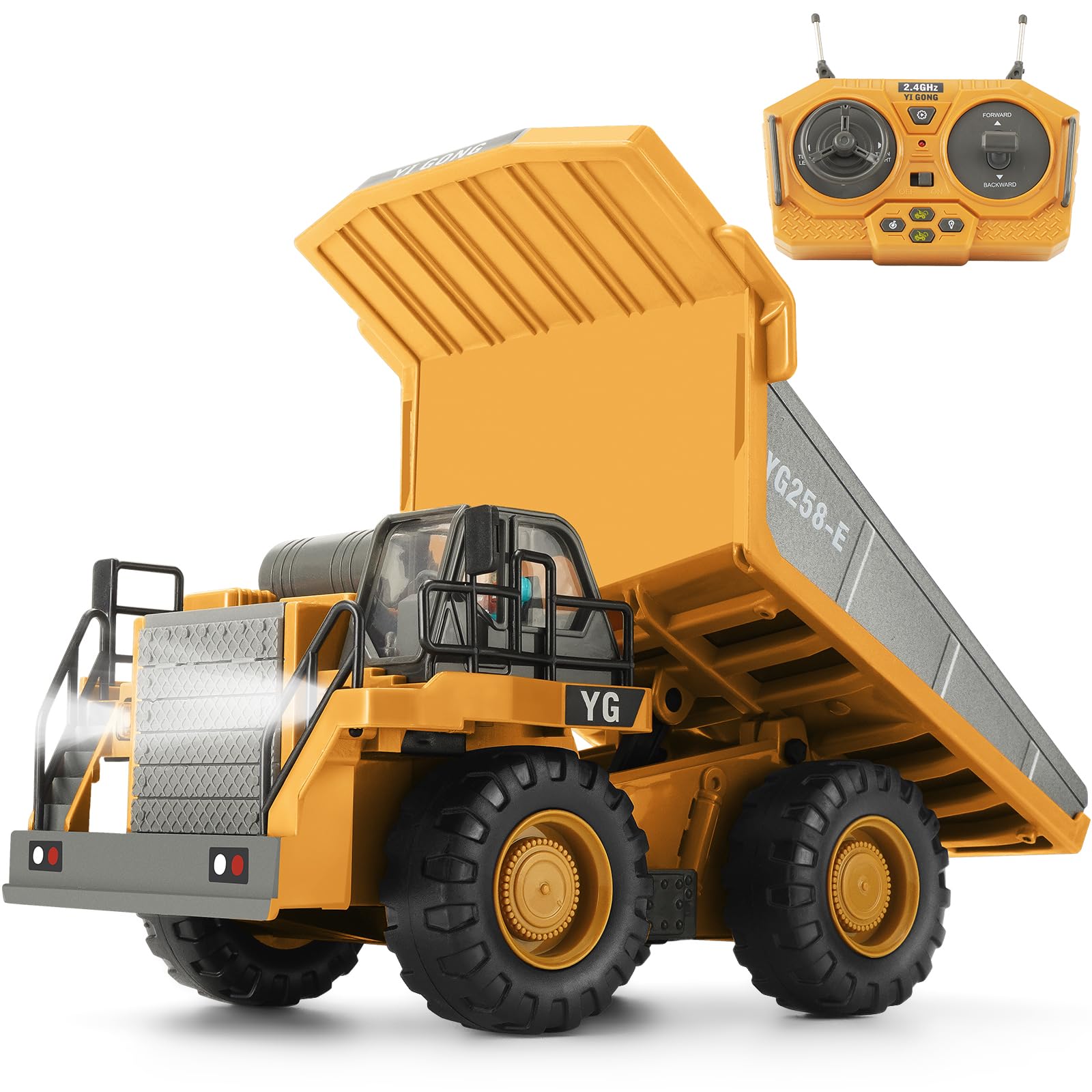 KIZJORYA Remote Control Dump Truck, RC Construction Vehicle for Kids with 9 Channel Metal Bed Light Sound & Rechargeable Battery