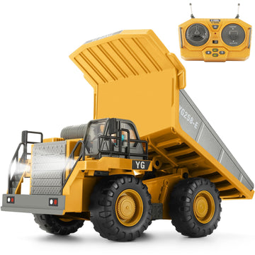 KIZJORYA Remote Control Dump Truck, RC Construction Vehicle for Kids with 9 Channel Metal Bed Light Sound & Rechargeable Battery