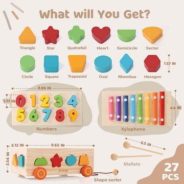 Jessruly Shape Sorter - Wooden Xylophone And Montessori Number Puzzle Set For Babies - Educational Sorting Game With Storage Car