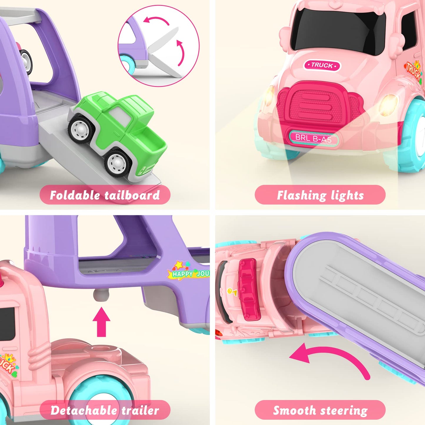LASCOTON 5-in-1 Carrier Truck for Toddler Girl, Friction Power Toy Cars, Light & Sound, Pink, Ideal for Ages 1-3, Great Birthday Gift