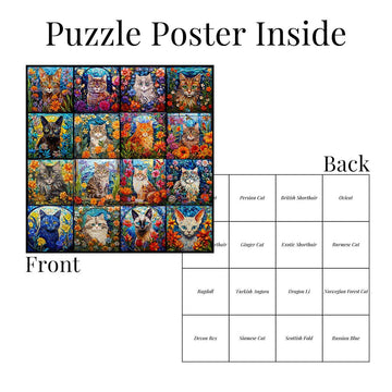 Bgraamiens Puzzle-Mosaic Art Cats-1000 Pieces Mosaic Art Puzzle For Adults, Stained Glass Art Puzzle With Cats And Flowers, Impossible Puzzle Color Challenge Cats Puzzle For Adults