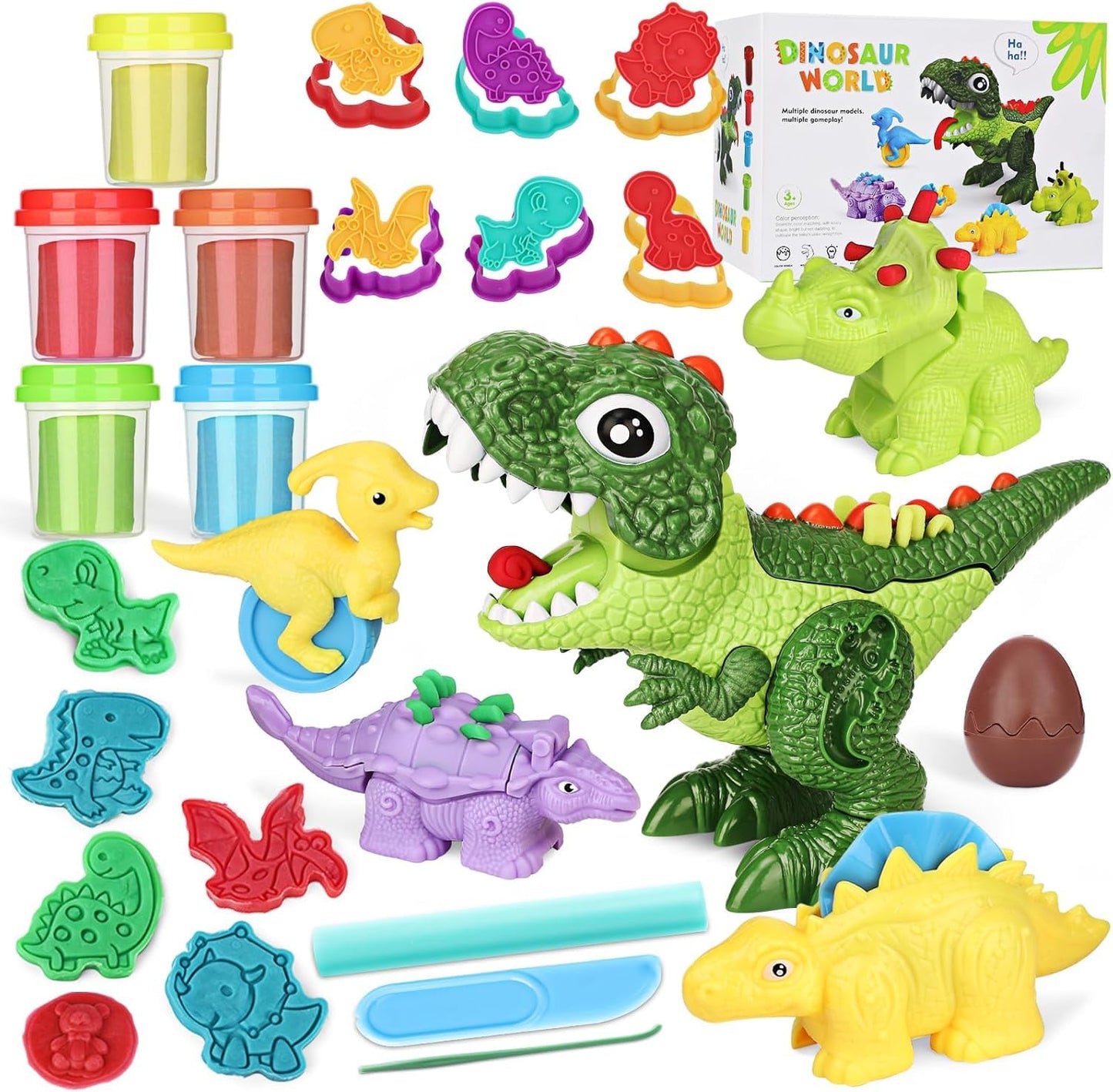 Dinosaur Color Dough Sets Toys, Dough Tool Set for Kids Aged 2-8, Dinosaur Dough Molds for Girls and Boys (20 Pcs Color Dough Ac