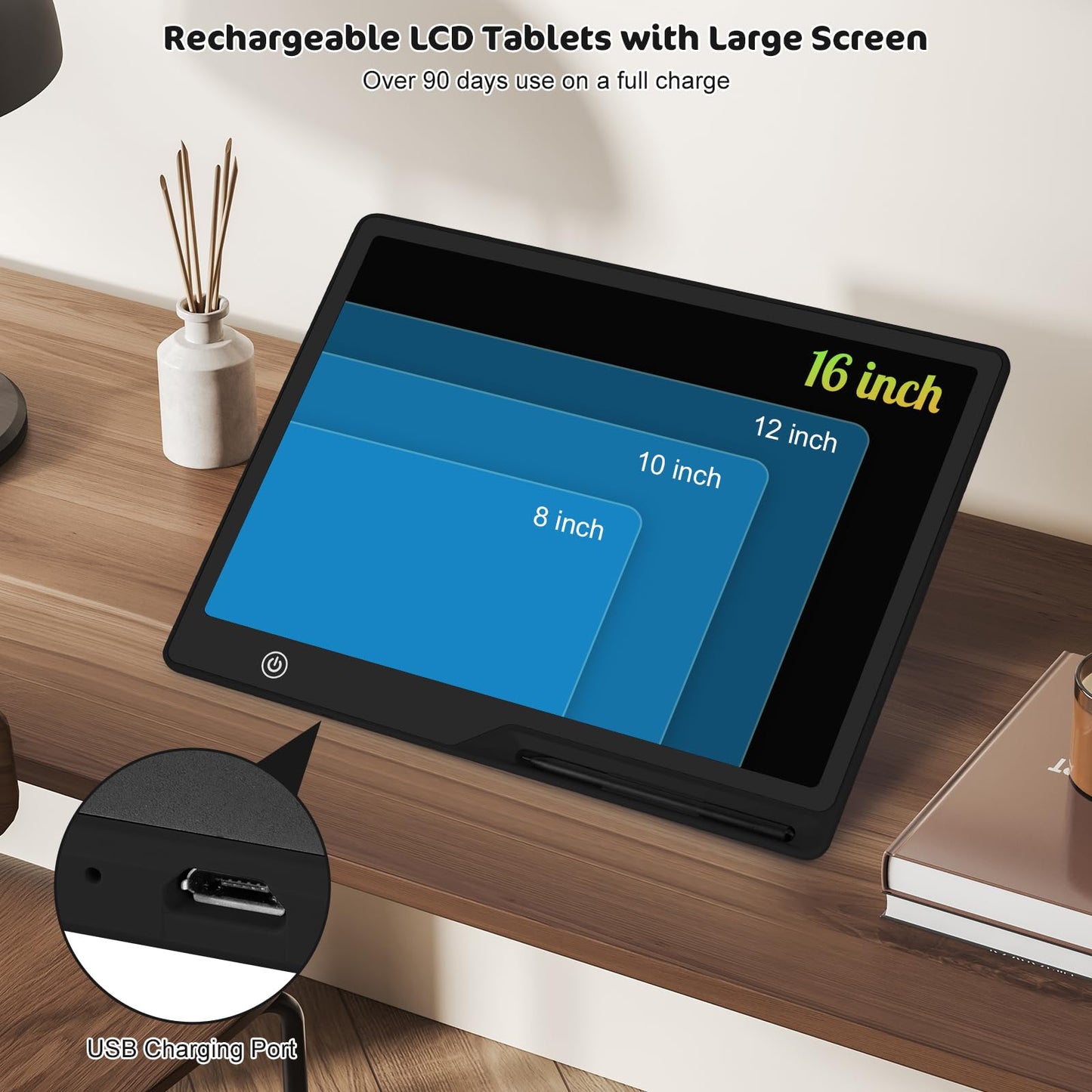 POPERFUN 16 Inch LCD Writing Tablet for Kids, Rechargeable Erasable Doodle Board Colorful Toddler Drawing Pad, Preschool Learnin