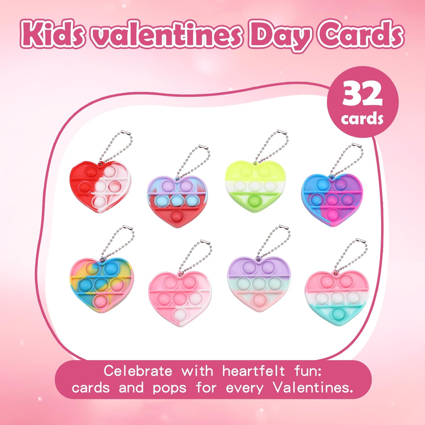 32Pcs Heart Shape Pop Fidget Toy With Valentine'S Day Card For Kids,Valentines School Classroom Exchange Kit For Kids, Party Fav
