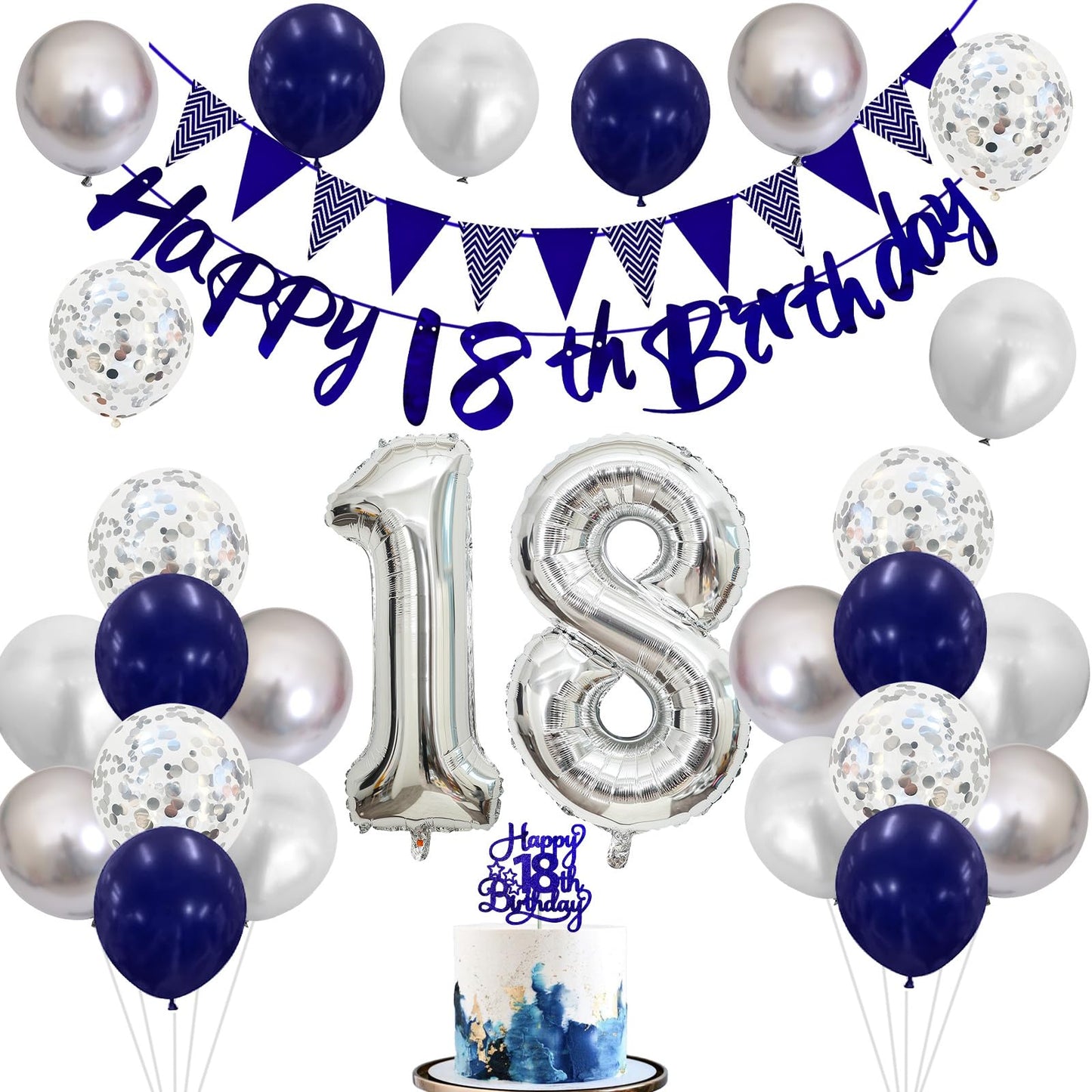 18Th Birthday Decorations For Boys, Blue Happy 18Th Birthday Banner With Navy Blue Silver 18Th Birthday Balloons 18 Birthday Cak