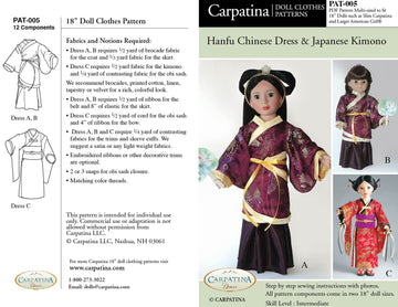 Hanfu Chinese Dress And Kimono Pattern Multi-Sized For 18'' American Girl Dolls And For 18'' Slim Carpatina Dolls