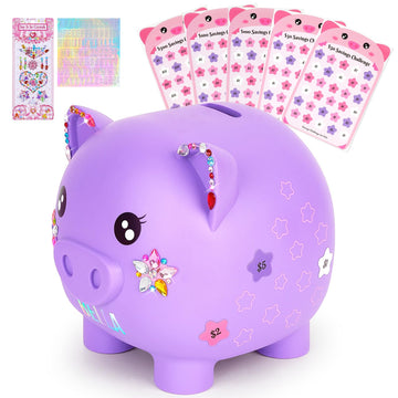 MHJY Piggy Bank for Kids Unbreakable Plastic Money Bank with DIY Saving Challenge Sticker to Track Savings Goal for Girls Boys