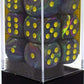 Chessex Dice d6 Sets: Festive Rio Marble Swirl with Yellow Pips - 16mm Six Sided Die (12) Block of Dice