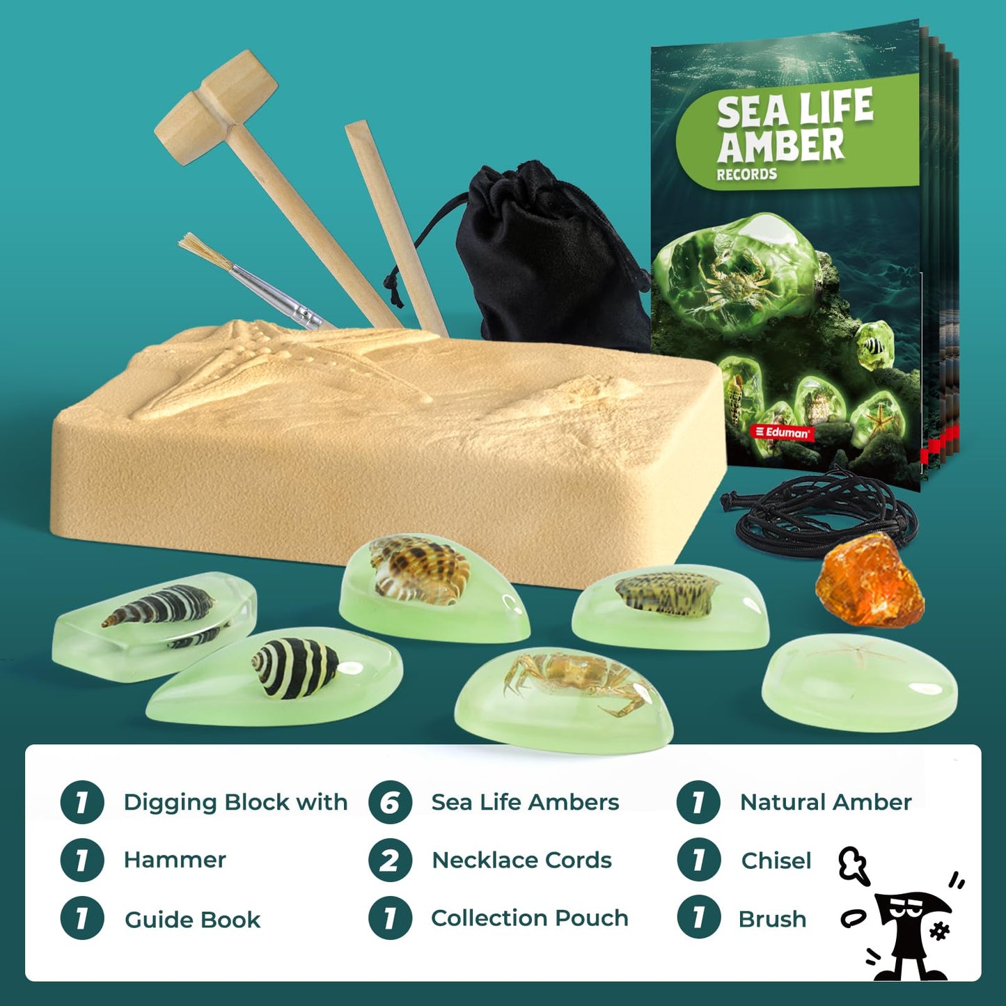 EDUMAN Amber Dig Kit - Glow in The Dark Oceanlife Fossil Set, 8"x6"x1", Educational Toy for Kids Ages 6-12, Boys & Girls