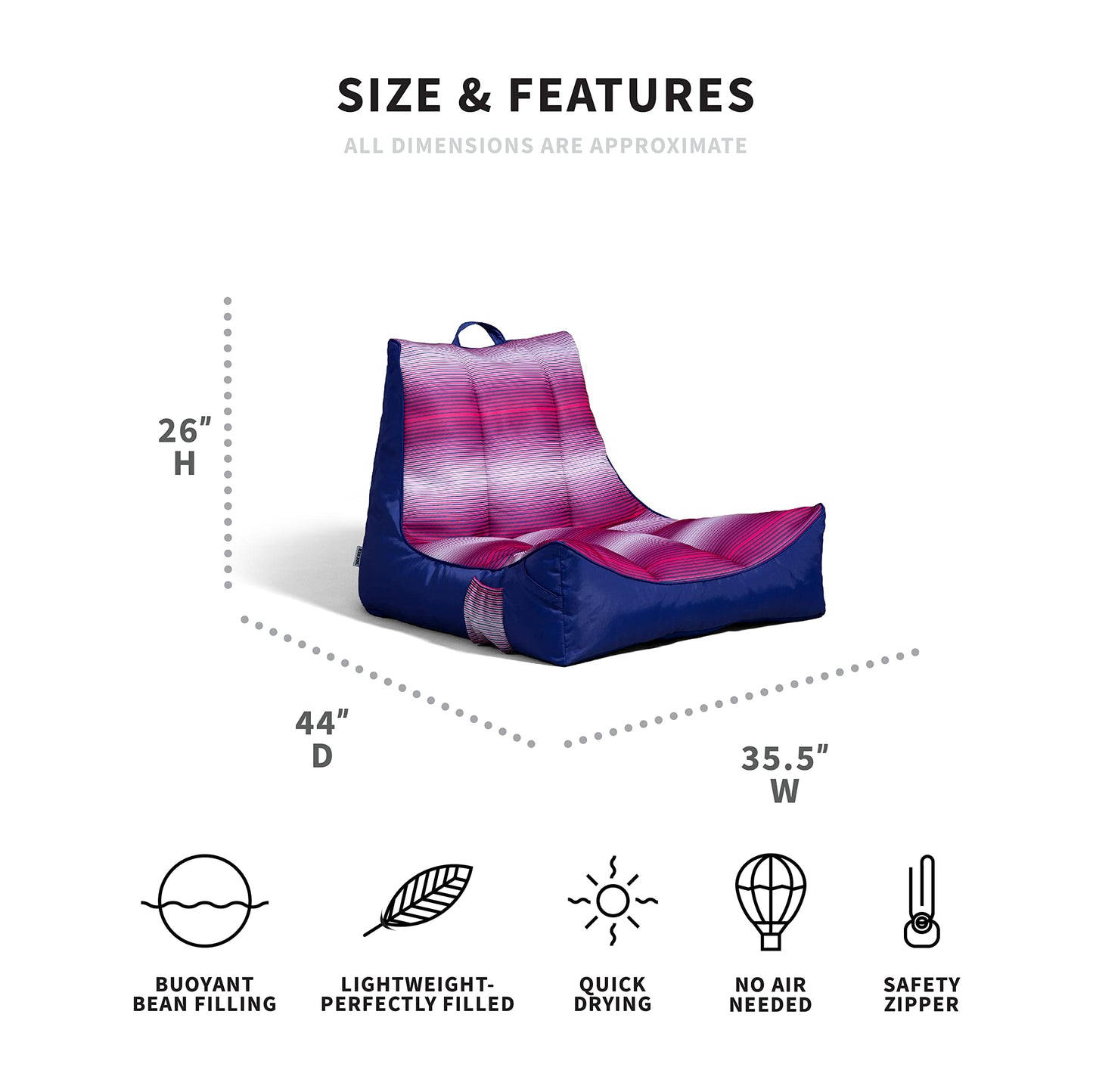 Big Joe Captain'S Float No Inflation Needed Pool Lounger With Drink Holder, Faded Stripe Fuchsia Double Sided Mesh, Quick Draining Fabric, 3 Feet