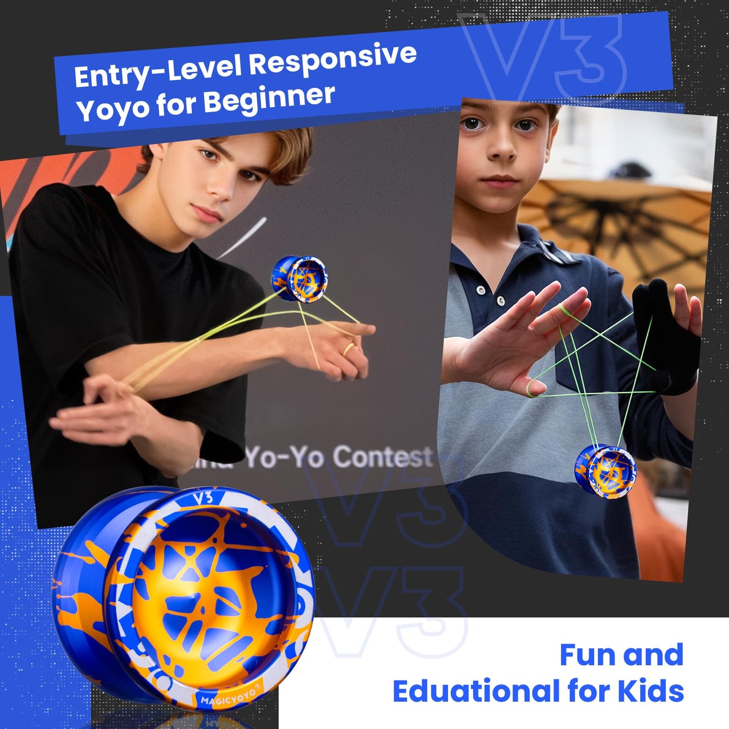 MAGICYOYO V3 Responsive Yoyo for Kids 8-12   Professional Yoyo for mature-themed  Dual Purpose Metal Yoyo with KK Bearing + 12 Yoyo Strings  Bearing Removal  Axle  Yo yo Case (Blue Glod Splash)