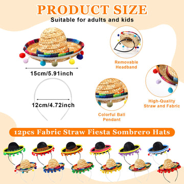 Riceshoot 24 Pcs Mexican Fiesta Party Supplies 12 Sombrero Headbands 12 Cinco de Mayo Necklaces Party Favors for Kids Teens Birt
