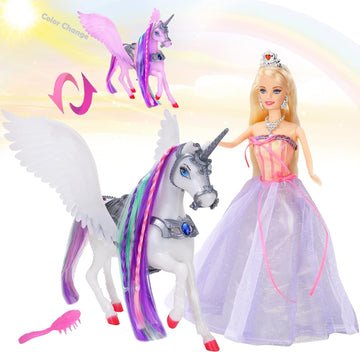 Megafun Color Change Unicorn Toys & Princess Doll With Rainbow Braided Hair, Removable Saddle&Wings, Princess Toy Unicorn Gifts For Girls